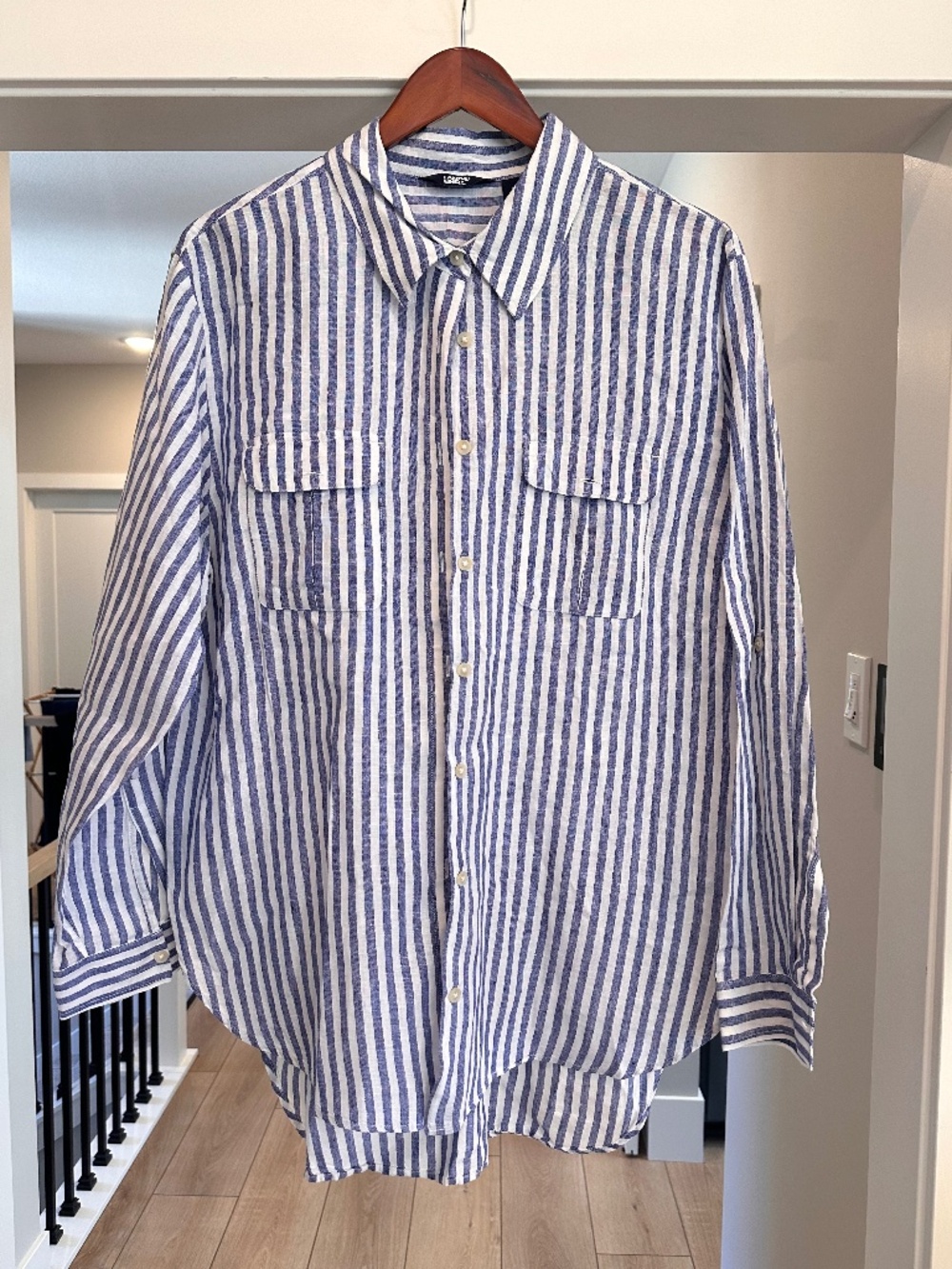 Lands End Striped Button Up Navy/White Stripe